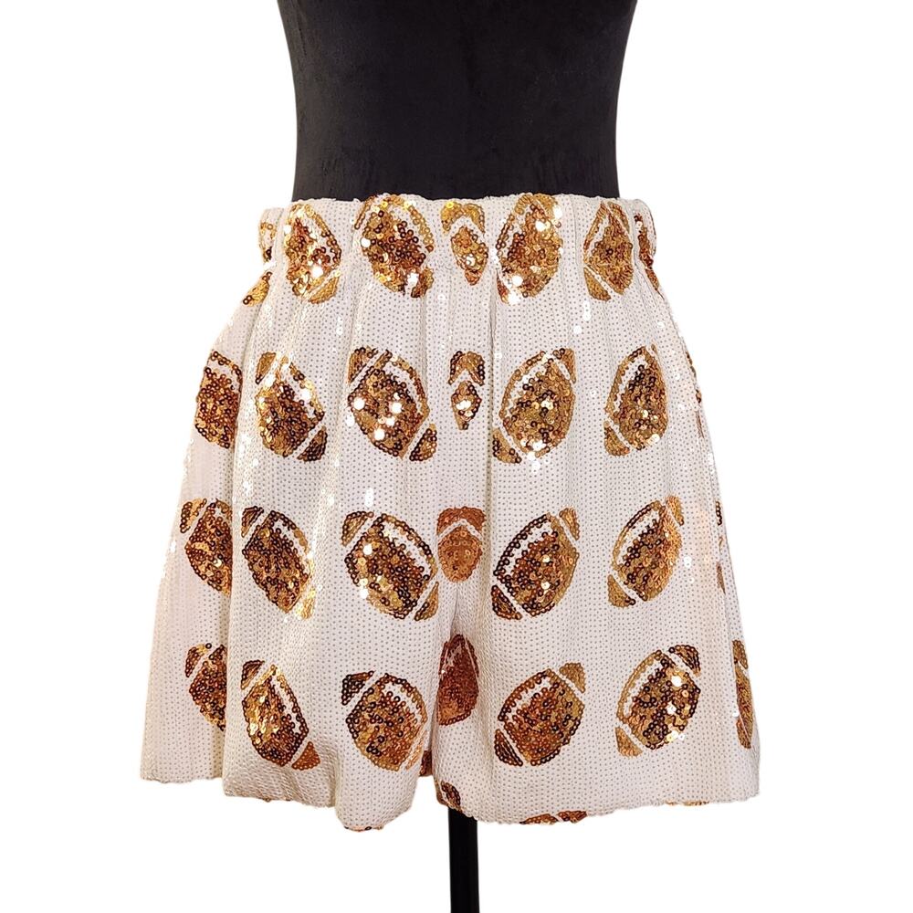 WHY DRESS NWT White & Gold Football Sequin Shorts, Size Large - Picture 2 of 13